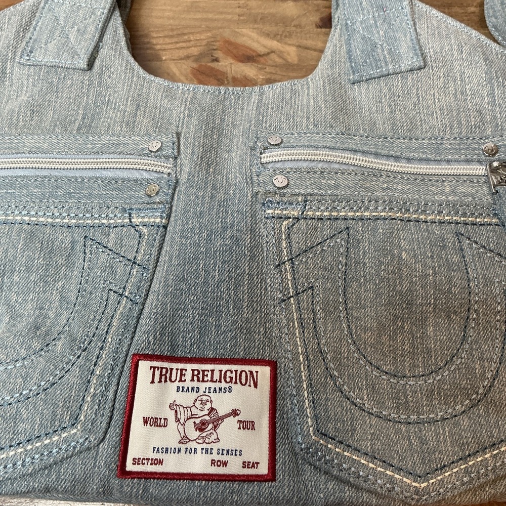 True Religion Denim Handbag Tote Shoulder Crossbody Jean Purse Y2K Carry On - Picture 3 of 13
